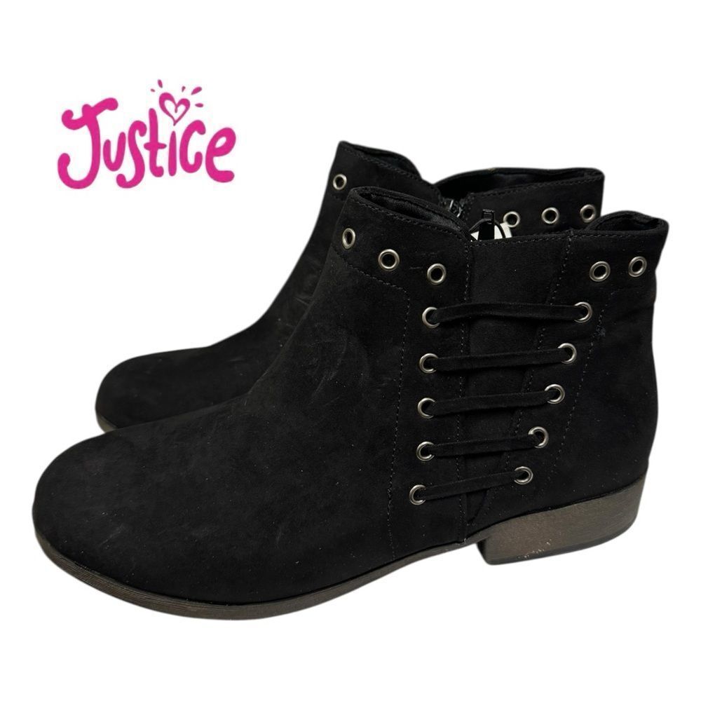 New Justice Girl's Black Suede Side Lace Rivet Zipper Ankle Boots Booties 9